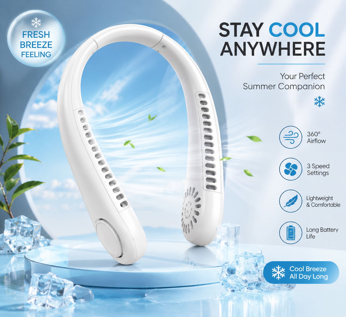 Bladeless Rechargeable Neck Fan – Hands-Free Cooling Anytime